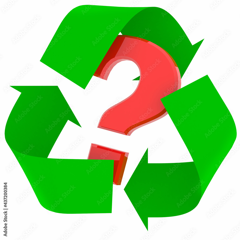 green recycle symbol with red question mark inside on it Stock