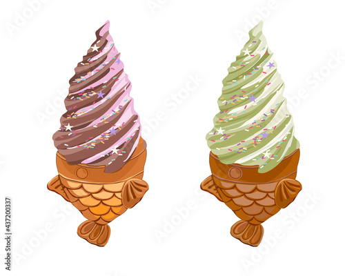 Taiyaki ice cream on white background . Fish wafer ice cream with 2 tone flavour. Korean ice cream. Anime food illustration. Authentic pastel ice cream and snack