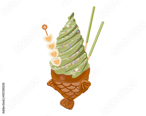Isolated Taiyaki ice cream on white. Fish wafer with match green tea flavor decoration with muchmallow and wafer stick. Korean ice cream. Anime food illustration. Authentic pastel ice cream and snack.