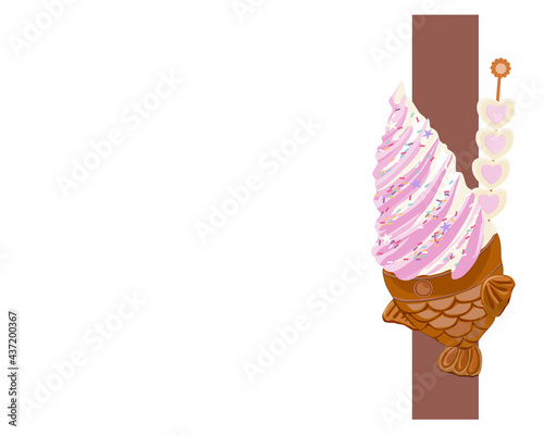 Isolated Fish wafer ice cream cone with strawberry and vanilla decoration with muchmellow on white background . Korean ice cream. Anime food illustration. Authentic pastel ice cream and snack.