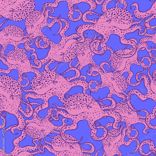 Seamless background with a pattern of hand drawn monster octopus with tentacles