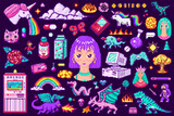 Pixel art 8 bit objects. Retro digital game assets. Set of Pink fashion icons. Vintage stickers for girl. Arcades Computer video and characters. Pony rainbow unicorn dragon. Vector illustration.