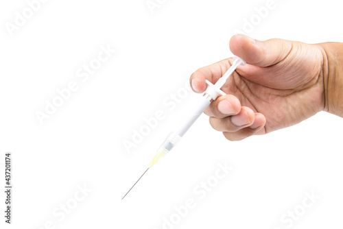 Isolated Medicine syringe in hand on white background. Hospital, Drug, object. syringe with flu vaccine. Medical needle.
