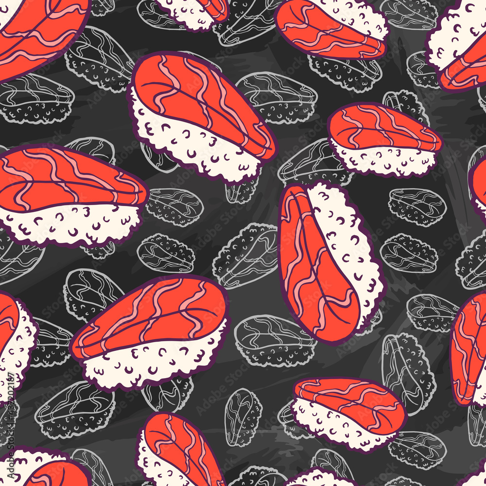 Sushi nigiri. Fresh raw salmon. Seafood and rice. Traditional Asian Japanese bento dish. Vintage retro style. Seamless background with pattern. Chalk board