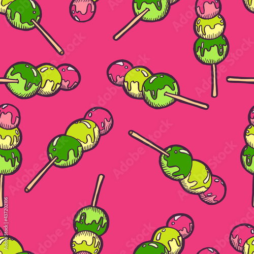 Tricolor dango on a stick. Pink, green and yellow balls of white rice in a sauce. Traditional dessert for festivals of Japanese cuisine. Vintage retro style. Seamless background with pattern.
