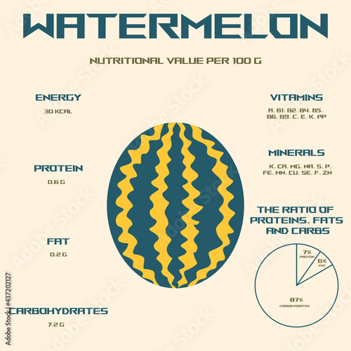Watermelon. Calorie content and energy value of products. Chemical composition and nutritional value. Watermelon infographics.