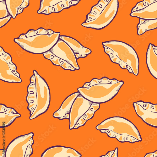 Gyoza. Fried asian dumplings. . Traditional japanese and chinese fast food. Bento lunch. Vintage retro style. Seamless background with pattern. 
