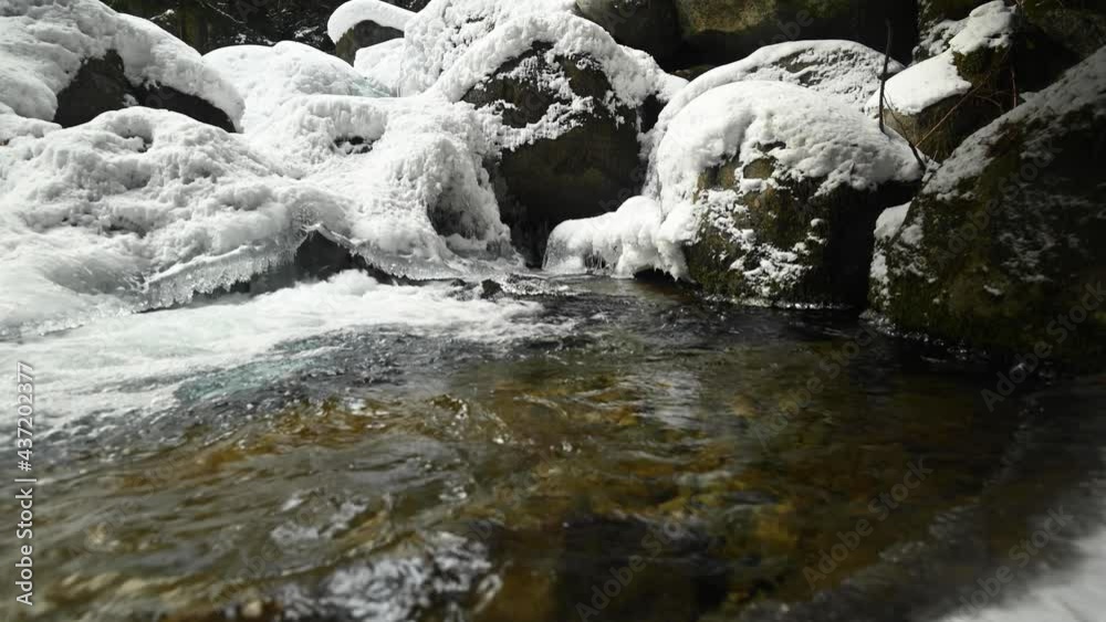 Close-up of a backwater of a mountain river flowing in a coniferous forest. Frozen stones in snow and ice. lateral movement sliding. Wide angle Close-up of a backwater of a mountain river flowing in a coniferous forest. Frozen stones in snow and ice. lateral movement sliding. Wide angle