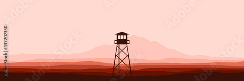 silhouette of watch tower at mountain vector flat design for wallpaper, banner, background, design template and backdrop design