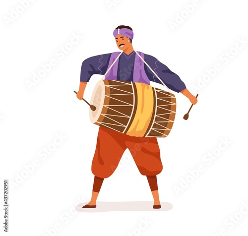 Indian musician playing big dholak drum with sticks. Happy man performing ethnic folk music on traditional instrument of India. Flat vector illustration of street artist isolated on white background