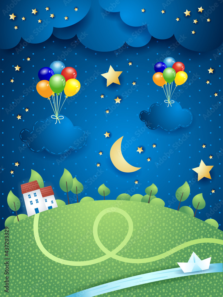 Night landscape with village, river and hanging balloons and clouds, vector illustration eps10