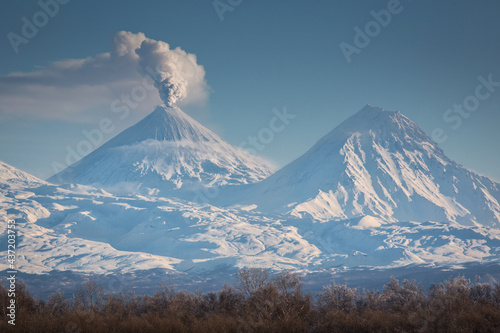 Volcano Klyuchevskaya Sopka and Kamen volcano in Kamchatka