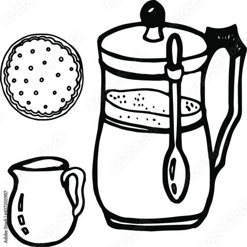 Vector hand drawn doodles coffee objects set, cookie, sugar-bowl, milk jug