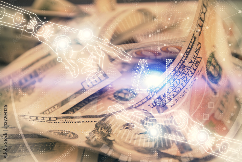 Double exposure of data theme drawing over us dollars bill background. Technology concept. Double exposure of data theme drawing over us dollars bill background. Technology concept.