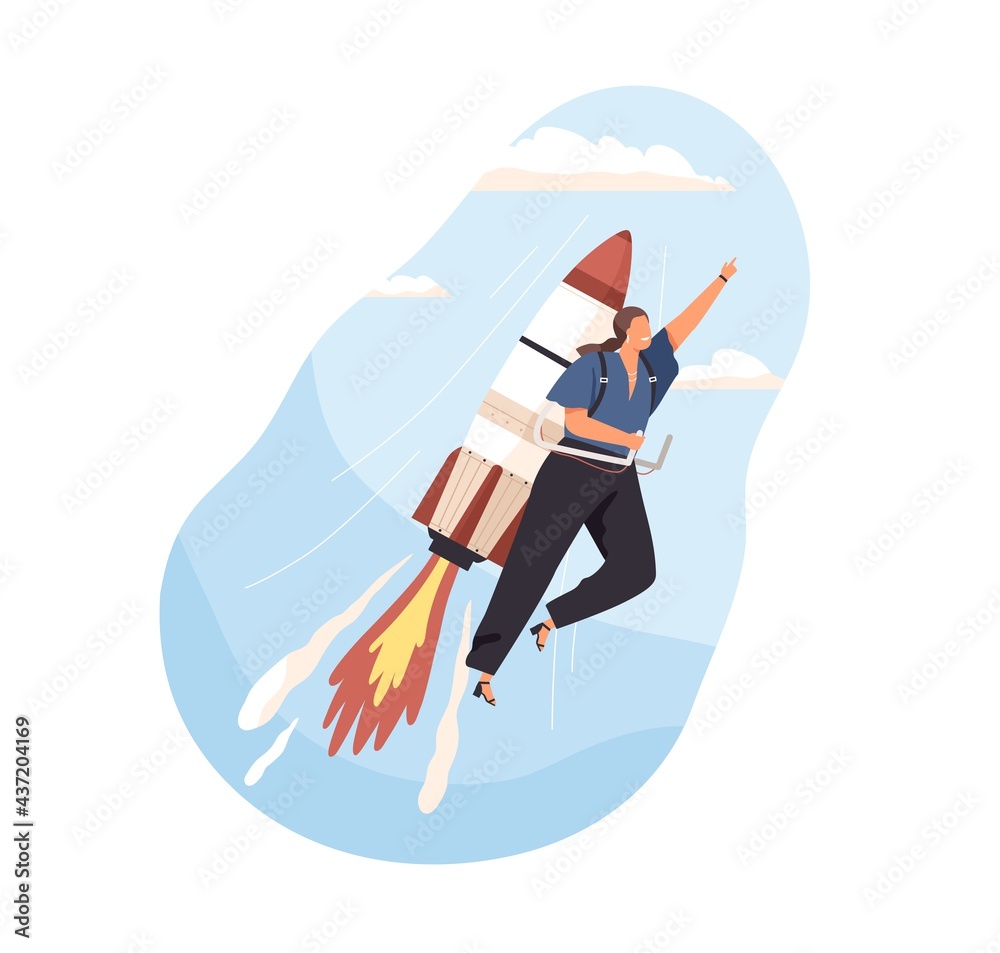Successful woman launching business startup, flying on rocket with high speed. Development, growth, and aspiration to success concept. Colored flat vector illustration isolated on white background Successful woman launching business startup, flying on rocket with high speed. Development, growth, and aspiration to success concept. Colored flat vector illustration isolated on white background