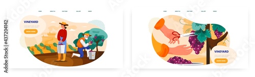 Vineyard landing page design, website banner vector template set. Farmers picking grapes in plantation. Wine production.