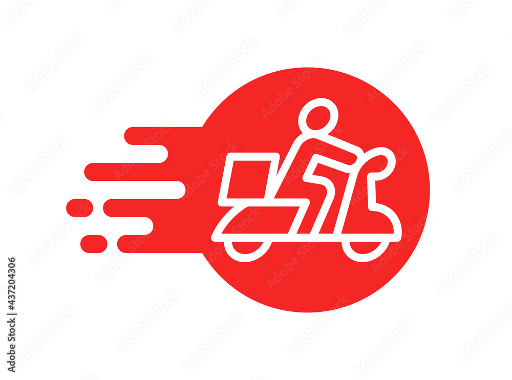 Delivery man riding motorcycle icon, Shipping service advertisement label, Special offer promotion price tag, Isolated on white background, Vector illustration Delivery man riding motorcycle icon, Shipping service advertisement label, Special offer promotion price tag, Isolated on white background, Vector illustration