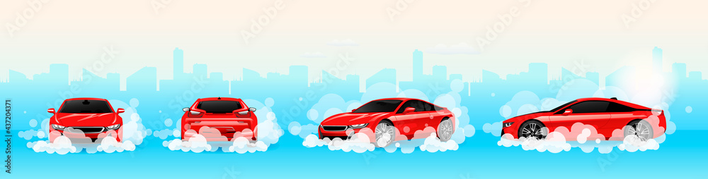 Car wash service panorama for website landing page template. Automotive cleaning logo design. Vector illustration. - obrazy, fototapety, plakaty 