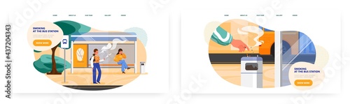Girl smoking at bus station. Landing page design, website banner vector templates. No smoking at public transport stop