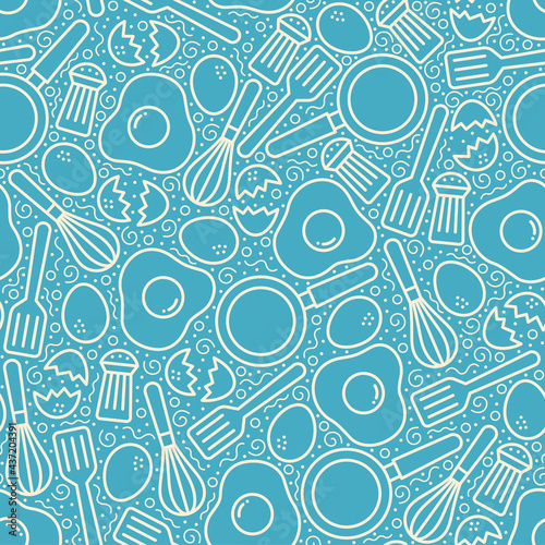 Fried eggs, Frying pan, Whisk, Spatula and pepper grinder bottle seamless pattern on blue background, Cooking fried eggs menu simple line design for decoration, Vector illustration