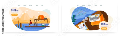 Social isolation landing page design, website banner vector template. Man living alone in nature without social contacts