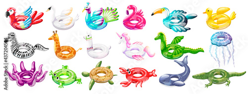 Set of inflatable swim pool floats and rings in the form of flamingos, stork, peacock, parrot, pelican, duck, zebra, giraffe, llama, unicorn, dragon, octopus, frog, turtle, crab, whale, crocodile.
