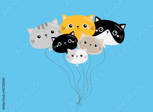 Cat baloon icon set. Different breeds. Cute kitten face head silhouette. Funny kawaii cartoon baby character. Happy Valentines Day. Notebook sticker print template. Flat design. Blue background.
