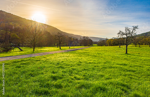 Sonnenaufgang im Spessart mit Wanderweg