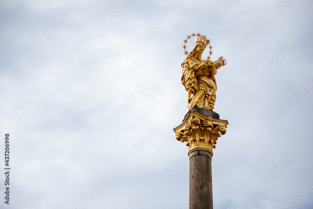 Baroque Marian plague column in main market square Republic square of Plzen, sunny day, statute of Virgin Mary, Medieval architectural heritage, Pilsen, Western Bohemia, Czech Republic