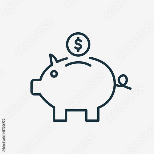 Piggy Bank Line Icon. Accumulation or Saving of money Linear Icon. Piggy Bank with Falling Dollar Coin Icon. Sign for Banking or Business Poster. Editable stroke. Vector illustration
