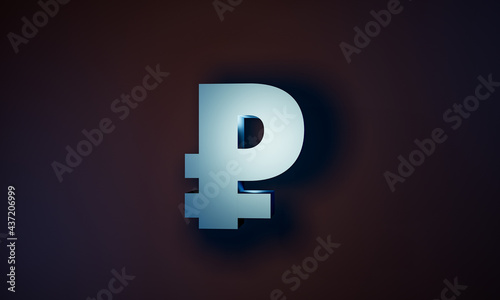 Russian Rubel. Single RUB currency symbol in glossy white bluish metallic on a dark background. 3D illustration