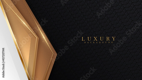 Luxury scene white overlapping brown on black color. Golden curve lines sparkle with free space for paste promotional text. Elegant paper cut style background. Vector illustration for design.