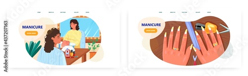 Manicure landing page design, website banner vector template set. Woman beauty salon. Manicurist service. Nail treatment