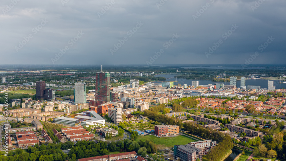 Almere city center (Almere Stad), aerial view. Flevoland, The Netherlands.