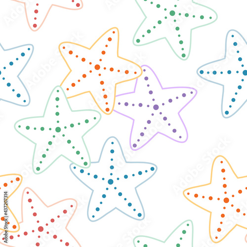 Summer seamless pattern with cute hand drawn starfishes isolated on white background. Vector line objects. Colorful palette. For package, wrapping paper, print, gift, fabric, textile, wallpaper, web.