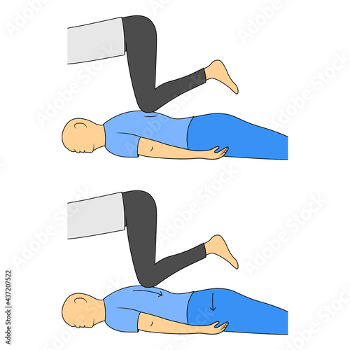 Massage. Yumeiho therapy. Instructions for performing massage techniques, kneading the back muscles with your knees. Simple vector illustration for physical therapy guidelines, websites and prints.