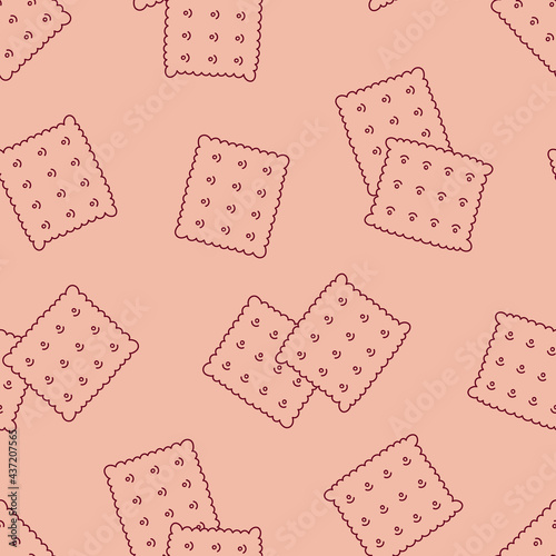 Seamless vector pattern with cute hand drawn cookies. Dessert theme doodle elements. Brown line objects on pink background. For wrapping paper, textile, print, advertising, fabric, wallpaper, web