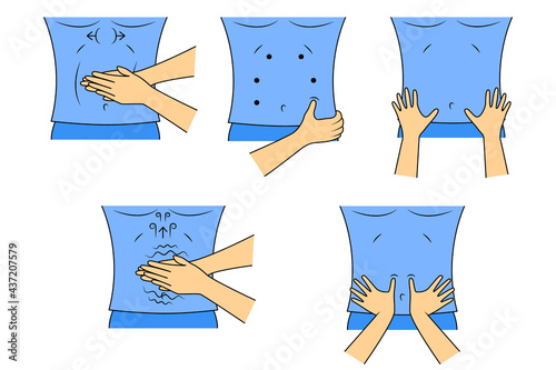 Massage. Yumeiho therapy set. Instructions for performing massage techniques, kneading the abdominal muscles. Simple vector illustration for physical therapy guidelines, websites and prints.