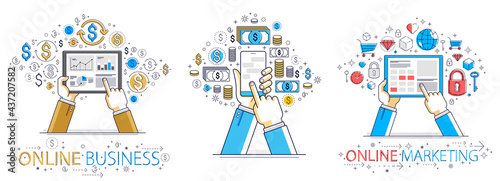 People hands with phones different business and finance concepts vector illustrations set, men holding smartphones images collection.