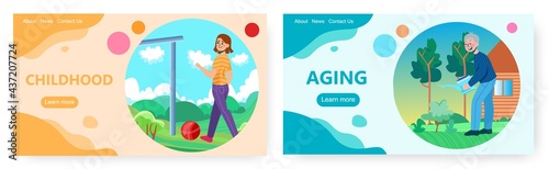Aging landing page design, website banner vector template. Child growing, becoming old. Childhood, adulthood. Life cycle