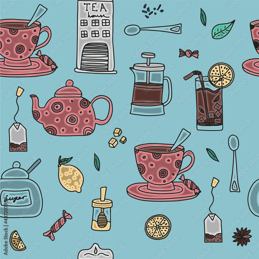 Seamless pattern of hand drawn coffee and tea doodles. A set of ...