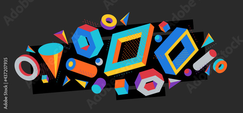 Colorful 3D shapes vector composition on dark background, bright positive dimensional design elements, boxes and cylinders and other shapes simple stylish illustration.
