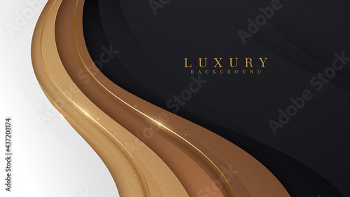 Luxury scene white overlapping brown on black color. Golden curve lines sparkle with free space for paste promotional text. Elegant paper cut style background. Vector illustration for design.