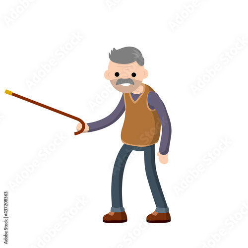 Funny old man with a cane. Senior point direction. Active Lifestyle and recreation grandfather. Cartoon flat illustration