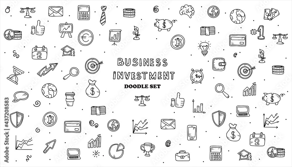 Financial investment icons. Vector hand-drawn financial icons. A big doodle set of images for business.