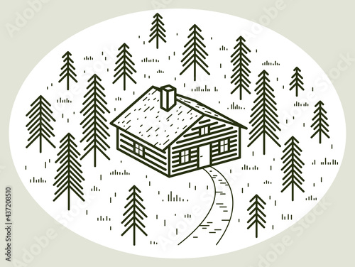 Cabin in woods pine forest linear vector nature illustration isolated on white, log cabin cottage for rest, holidays and vacations theme line art drawing, beauty in nature, woodhouse resort.