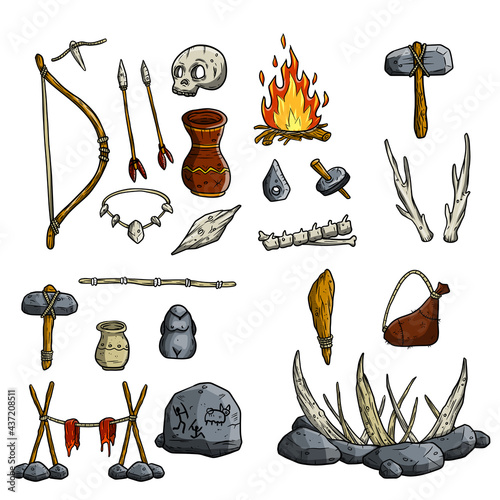 Set of primitive man items. Hut made of skins and bones, bow and arrow, stone hammer and axe, skull of man. Deer horn and fire. Drawn Sketch cartoon illustration