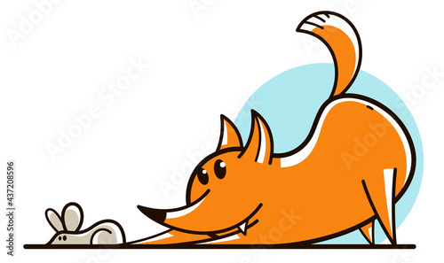 Funny cartoon fox hunting and catching mouse flat vector illustration isolated on white, wildlife animal humorous drawing.