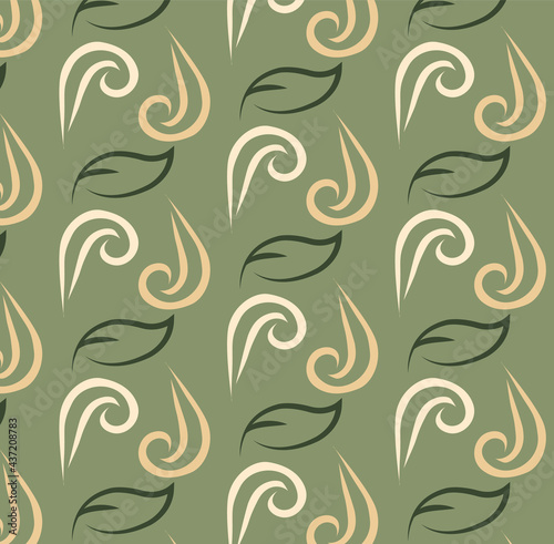 Seamless beige and green leaves and abstract brush strokes on green background pattern