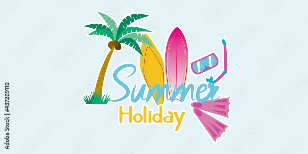 Naklejka premium Summer concept decorative Calligraphy. Summer event design elements with Coconut tree, Surf board, Scuba diving and decorative texts. Summer design decoration sticker, Vector illustration.